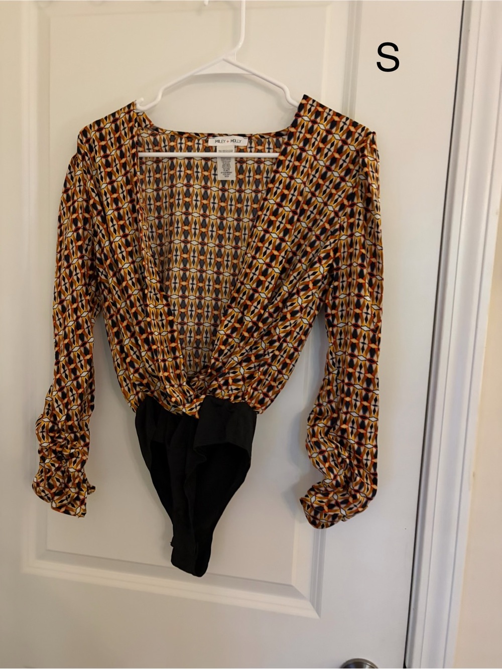 Milly Geometric Tie-Front Long Sleeve Bodysuit in Mustard and Black